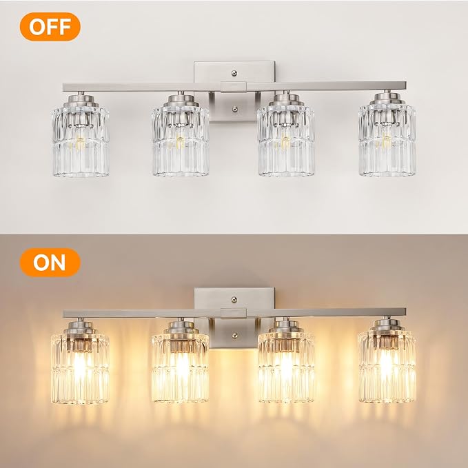 TALOYA Nickel 4Light Bathroom Vanity Light with Fluted Cylinder Glass Shade | Modern Vanity Lighting Fixtures, Bathroom Lights Over Mirror, Wall Mount Mirror Light Fixtures for Bathroom Hallway Bedroom