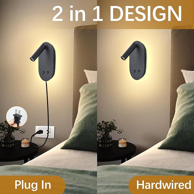 Wall Lamp Plug in Hardwired 2 in 1 Wall Sconces, Wall Mounted Reading Light with USB Type C Ports, Adjustable Bedside Headboard Spotlight, Bedside Lamp with 9W+3W Night Light 3000K (Black)