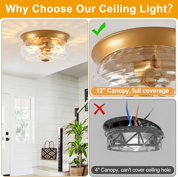 Gold Flush Mount Ceiling Light Fixtures, 2-Light Ceiling Mount for Modern with Clear Hammered Glass Shade, Industrial Flush Mount Light Fixture Farmhouse for Hallway Kitchen Bedroom Entryway Foyer