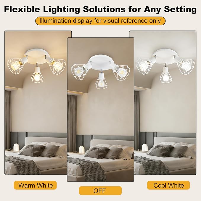 HiBay 3-Light Ceiling Track Lighting Fxiture White, Modern Spotlight, E26 | Rotatable 3 heads with farmhouse metal cage shade for kitchen bedroom dining room, bulb not included