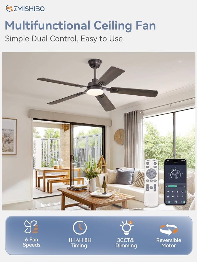 ZMISHIBO 52" Ceiling Fan with Light and Remote, Oil Bronze Farmhouse Indoor | 24W 2400LM Bright LED, 3CCT, Dimmable, App Control, Rustic Dual Finish Blades, Quiet&Strong Motor for Bedroom, Living Room