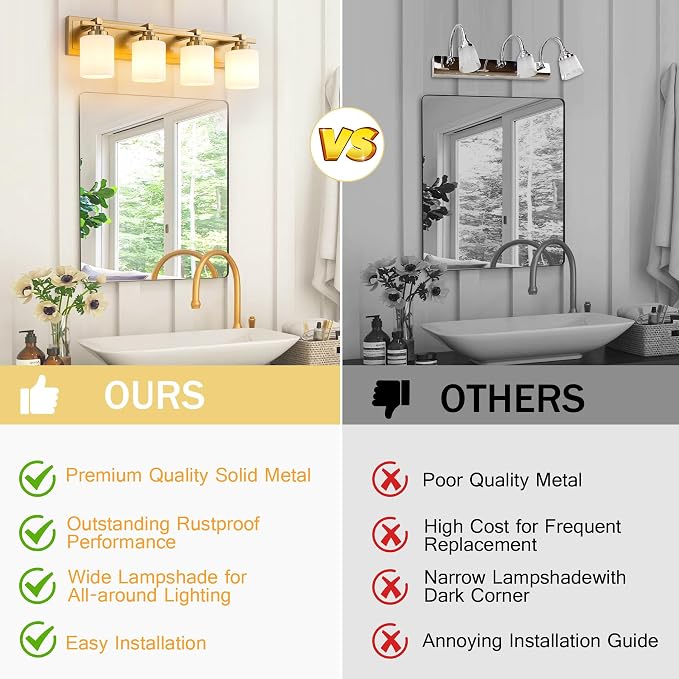 Modern Bathroom Light Fixtures Over Mirror, Vanity Lights for Bathroom Wall Sconces with Milky White Glass Shades, E26 Socket (Bulbs Not Included), 4 Light, Brass