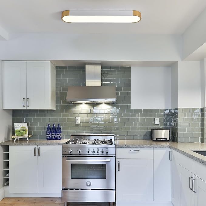Tioolo Dimmable LED Ceiling Light with Remote 42W Kitchen Lighting Fixtures Ceiling White and Gold Long Ceiling Light Fixture 27.5 Inch Flush Mount Ceiling Lights for Kitchen Dining Room Hallway