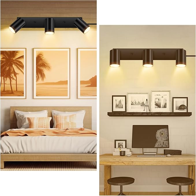 3 Light Track Lighting Kit,Black 3 Way Modern Plug in Ceiling Spotlight,Industrial LED Wall Light for Kitchen Cabinet Gallery Bar Hallway Living Room,Rocker Switch,15 Foot Cord(No Bulb)