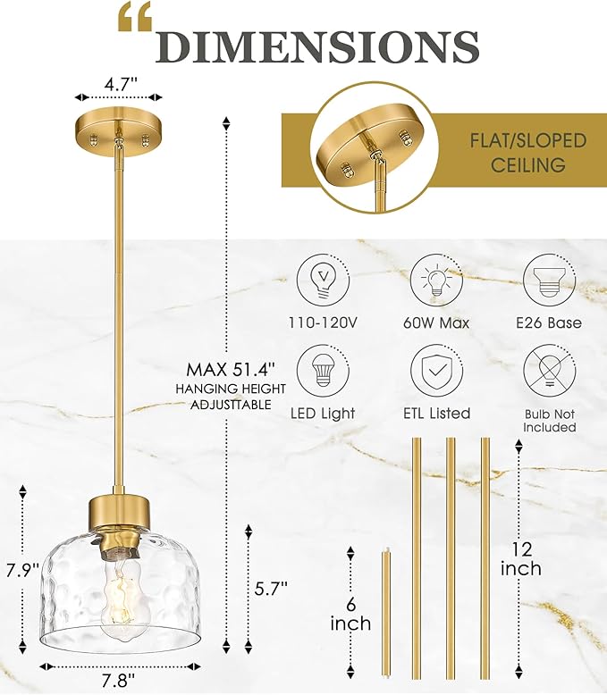 2-Pack Pendant Lights Kitchen Island, 8" Brushed Gold Hanging Light Fixtures with HHammered Glass, Modern Brass Kitchen Pendant Lighting Over Island for Dining Room, AD-24024-1P2L-GD-H