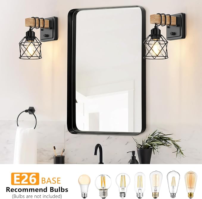 FadimiKoo Farmhouse Wall Sconces 4 Pack, Bedside Wall Lamps with Dimmer ON/Off Switch, Black Wall Light Fixtures with Metal Cage, Rustic Wooden Sconces Wall Lighting for Living Room, Hallway, Bathroom