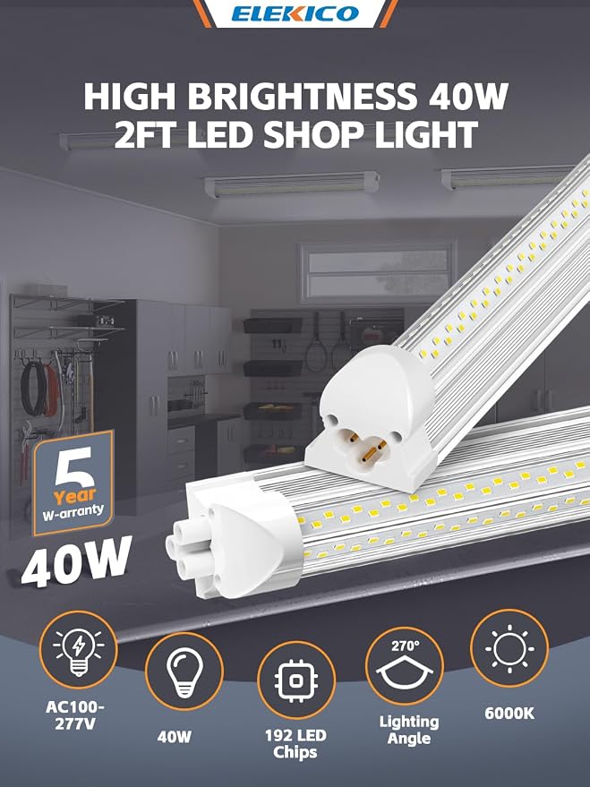 ELEKICO 4 Pack 2ft Led Shop Lights, 6000k 40w 5600lm 24 Inch Led Light Fixture Power Cord Wth on/Off Switch, Linkable 2ft Shop Light for Small Garage Ceiling Storage Area Workbench Basement Attic