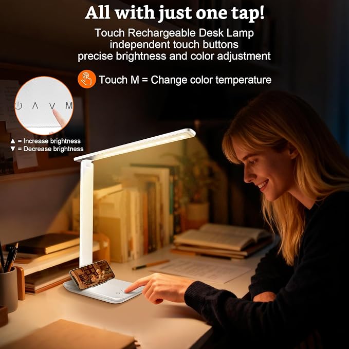LED Portable Bright Rechargeable Desk Lamp, 4000mah Dimmable Touch Battery Operated Eye-friendly Desk Light With Charger, Adjustable Modern Cordless Table Lamps For Office Home Nail Craft Puzzle White