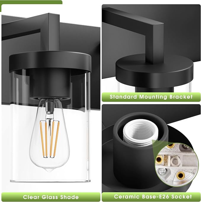 Bathroom Vanity Light, 3 Light Matte Black Vanity Lights with Clear Glass Shade, 22in Modern Wall Sconces, Bathroom Lighting Fixtures Over Mirror