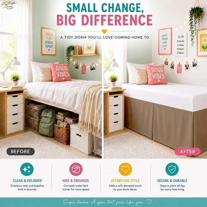 Cottington Lane Tailored Box Pleated College Dorm Bed Skirt Twin XL, Hotel Quality Premium Brushed Microfiber Extra Long Bedskirt Twin XL 30 Inch Drop, Taupe Dorm Bedding