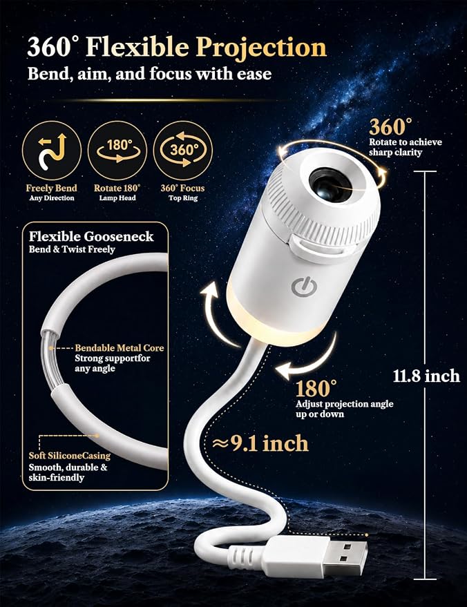 2-in-1 Galaxy Projector Night Light with 5 Projection Films | Stepless dimming, adjustable focus and 360° flexible gooseneck. USB powered for bedrooms, RVs, hotels and cruise cabins.