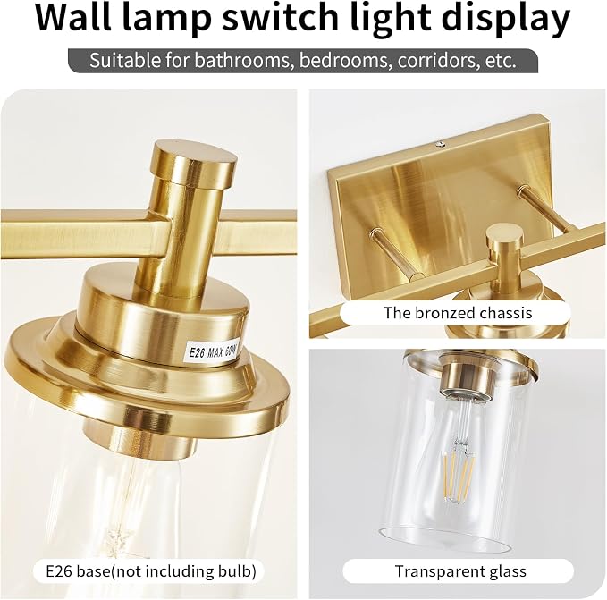 3 Light Gold Bathroom Vanity Light Over Mirror, Brushed Brass Vanity Light Fixture Modern Bath Wall Sconce Lighting Wall Mount Light Over Mirror for Vanity Table, Mirror, Bathroom