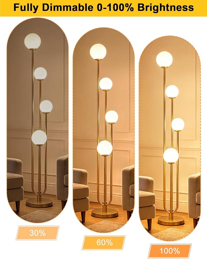 63IN 4-Light Dimmable Floor Lamp, Unique Gold Tall Standing Lamps with 3000K Bulbs for Reading, Mid Century Modern Floor Lamp with 5Lbs Heavy Base for Living Room Bedroom Home Office