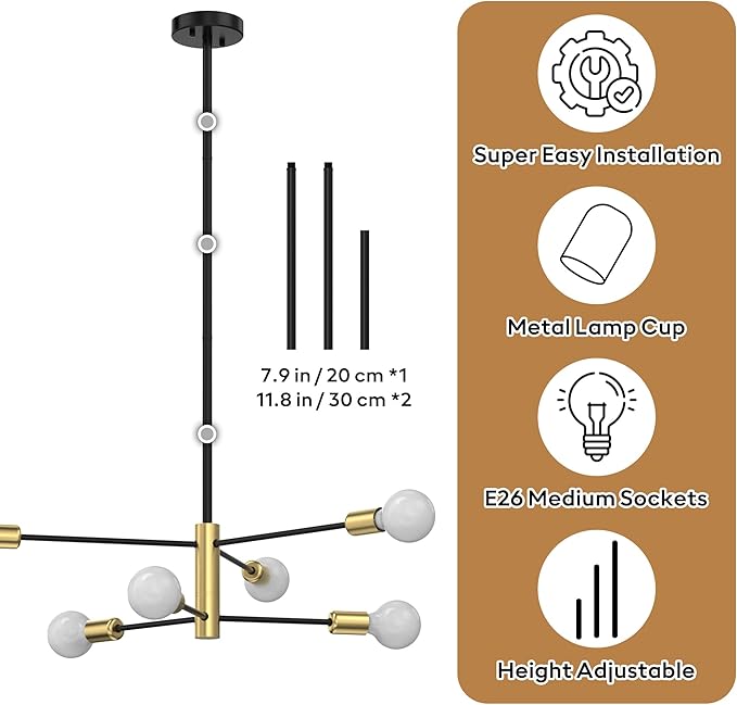 Modern Sputnik Chandeliers for Dining Room, Height Adjustable Semi Flush Black and Gold Chandelier Ceiling Mount Light Fixture 6-Light Mid Century for Living Room, Kitchen Island, Bedroom