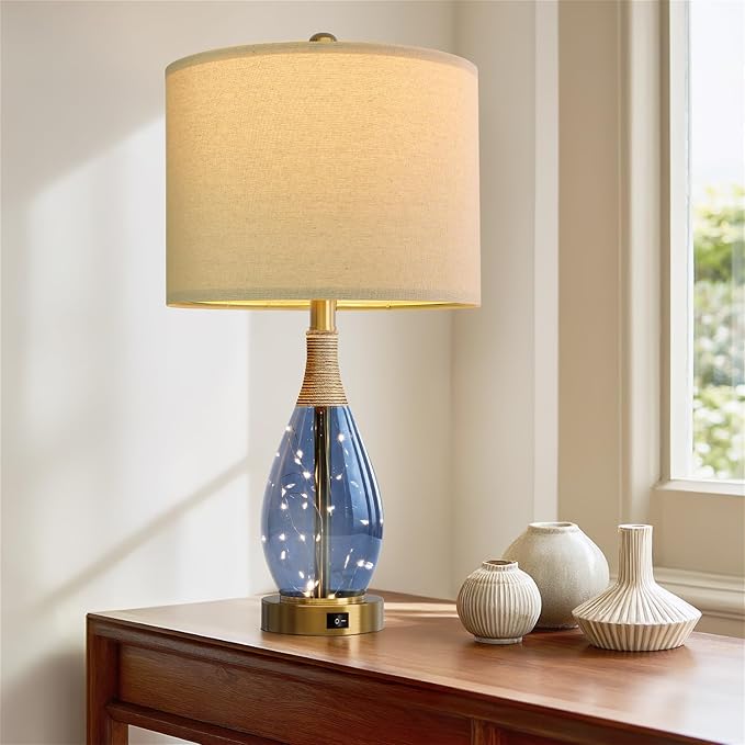23" Table Lamps for Living Room Set of 2 Bedside Lamps for Night Stands Bedroom Lamps Farmhouse Rattan Boho Lamp Glass Nightlight End Table Lamp with USB C+A (Blue),Two Light Points