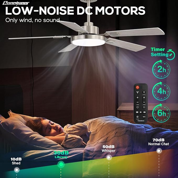 Conciseer 52 Inch Ceiling Fans with Lights and Remote for Bedroom Living Room Kitchen Office, Indoor/Outdoor Use, 6CCT Dimmable, 5 Blades, 6 Speed Reversible Quiet DC Motor, Sand-nickel/Wood Grain