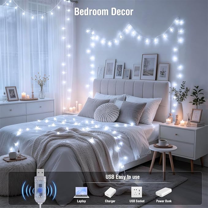 JMEXSUSS 100 LED Star String Lights USB Plug in, 33Ft White | Star Fairy Lights with Remote, Waterproof Hanging String Lights Indoor for Bedroom Classroom Tent Loft Bed Dorm Decor