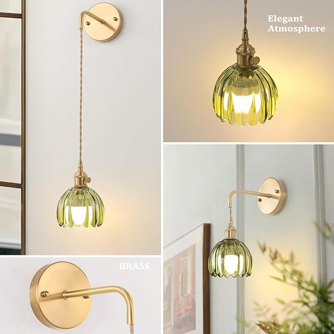 Battery Operated Wall Sconce with Green Tulip Shade Pattern Glass Adjustable Chain Retro Gold Wall Mounted Light, Modern Wall Lamp Fixtures Decor for Bedside Bedroom Indoor Doorway