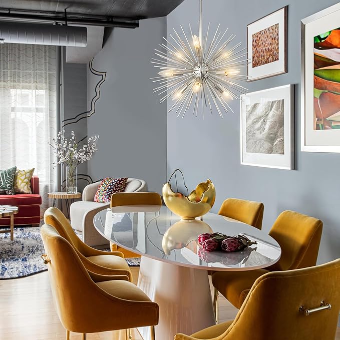 20" Modern Nickel Sputnik Chandelier 9-Lights Mid-Century Modern Starburst Chandelier Vintage Chrome Solid Metal Sputnik Chandeliers for Dining Room, Living Room, Bedroom, Kitchen, E12
