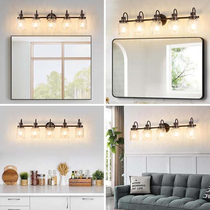 5 Lights Hammered Glass Bathroom Vanity Light, Oil Rubbed Bronze | Easy Installation,Up or Down,Farmhouse Modern Style,E26 Socket,ETL Certification