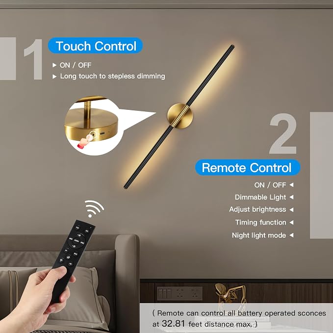 Battery Operated Wall Sconces Set of Two, Wireless Wall Sconces 31.5 Inch | Rechargeable, Remote Control, Dimmable, 360°Rotate, Cordless Wall Light Decor for Living Room, Hallway, Timing, Black Gold
