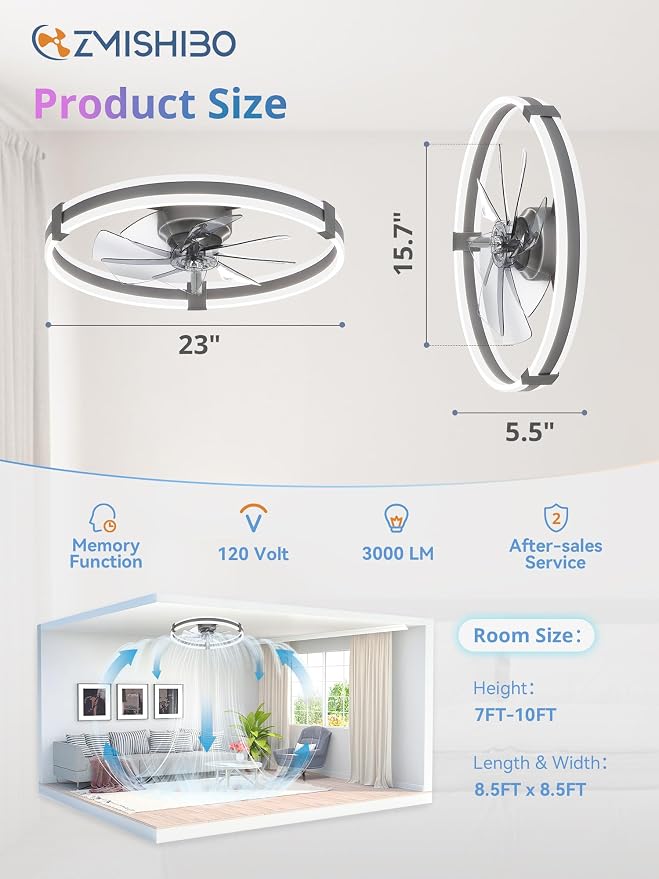 ZMISHIBO 23" RGB Low Profile Ceiling Fans with Lights and Remote, Grey | Custom RGB+3CCT Dimmable, 6 Speeds, Remote/App Control, Reversible DC Motor, Memory, Timer, Modern Fandelier for Kids/Bedroom