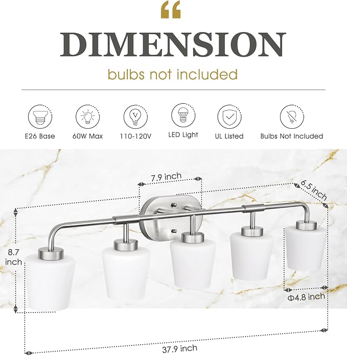 Bathroom Light Fixtures Over Mirror, 5-Light Brushed Nickel Vanity Lighting Fixtures with Milk White Glass, 38inch Farmhouse Wall Sconces Lighting, AD-22004-5W-SN