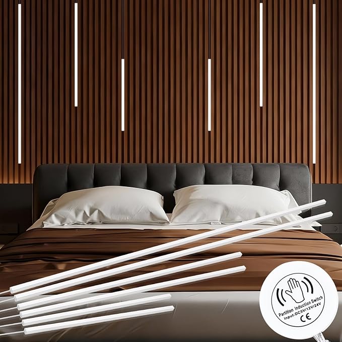 LED Recessed Lighting Kit,6 Pack Self-Adhesive COB LED Light Bar, Cold White 6000K, with Touching Switch, for Wood Slat Wall Panels,Headboards,Home Decor. Black Chanenl,2Pcs*(16in+24in+40in)