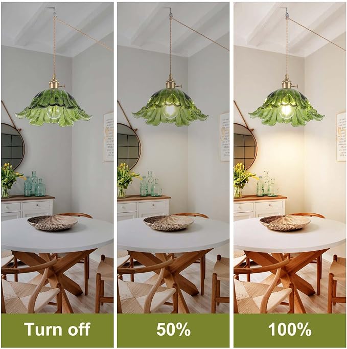 Plug in Pendant Light Fixtures,Hanging Light Fixture Corded On/Off Switch,11 inch E26 Green Glass Lampshade Pendant Lighting for Kitchen Island, Bedroom, Dining Room