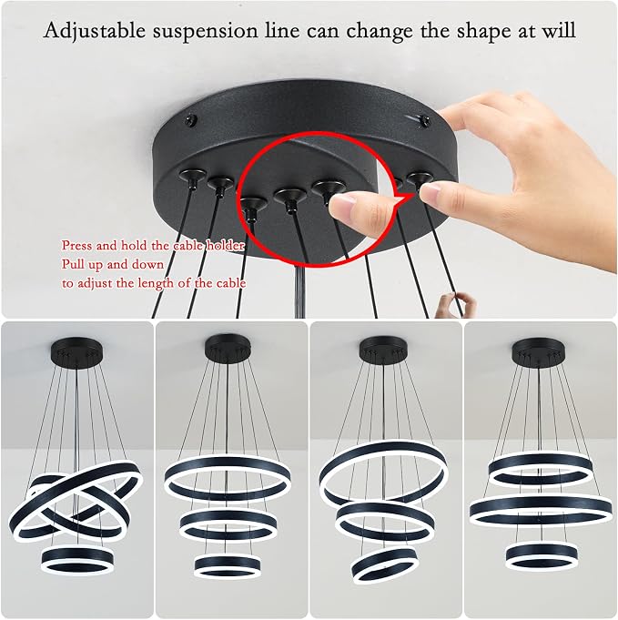 O'NEELDY Modern LED Chandeliers Adjustable Hanging Black Pendant Light Fixture 3 Ring Flush Mount Chandeliers for Bedroom,Kitchen,Island Cafe