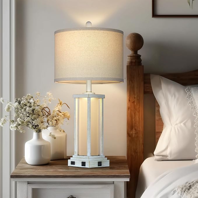 27" Tall Vintage Table Lamp Set of 2 with USB C+A & Outlet,Nightstand Lamp for Living Room,Bedside Lamps with Frosted Glass Night Light for Bedroom Entryway,White