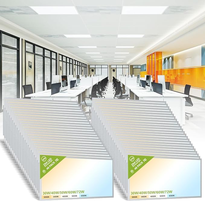 YXL 48 Pack 2x4 LED Flat Panel Light Drop Ceiling Light Fixture, 9576LM, 5CCT LED Drop Ceiling Office Light, 72W/60W/50W/40W/30W Selectable,6500K/5000K/4000K/3500K/3000K,Dimmable 0-10V,ETL