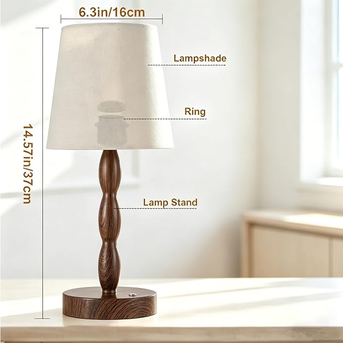 Rechargeable Cordless Table Lamp, 5000mAh Battery Powered Touch Desk Lamp, 3-Level & Stepless Dimmable Night Light, Portable Bedside Lamp for Bedroom, Outdoor, Bulb Included, Walnut Grain