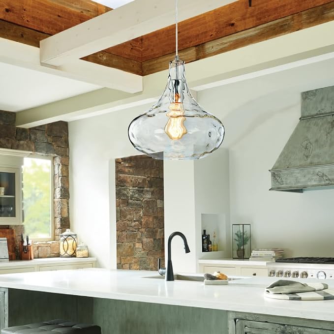 Hammered Glass Pendant Light, 11" Handblown Shade, Chrome Finish, Adjustable Hanging Cord, Vintage Ceiling Light for Kitchen Island, Dining Room, Hallway | Adjustable hanging cord, compatible with E26 bulbs, vintage pendant lighting for kitchen island,...