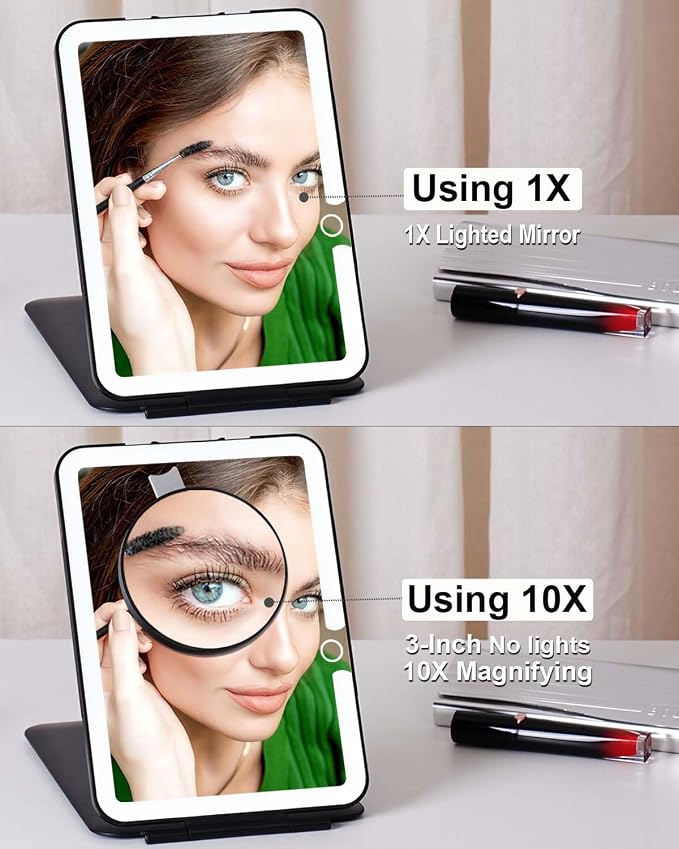 Rechargeable Travel Makeup Mirror with Lights, Portable Lighted Vanity 10X Magnification, 70 LEDs 3 Color Dimmable Touch Screen, Tabletop Folding Compact Cosmetic (ShiningBlack)
