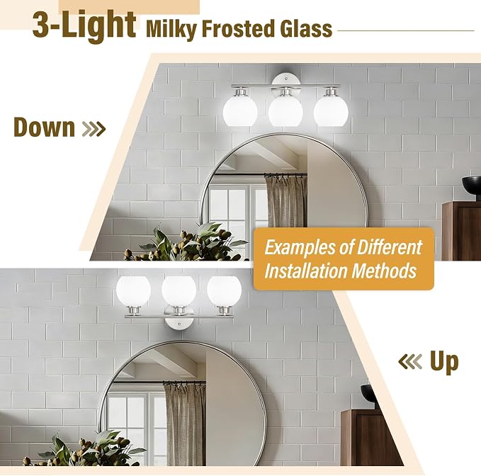 Brushed Nickel Bathroom Light Fixtures, 3-Light Vanity Light Over Mirror | Modern Bathroom Lighting Over Mirror, Wall Sconces, Milky White Globe Glass Shades, E26 Socket,ETL Listed