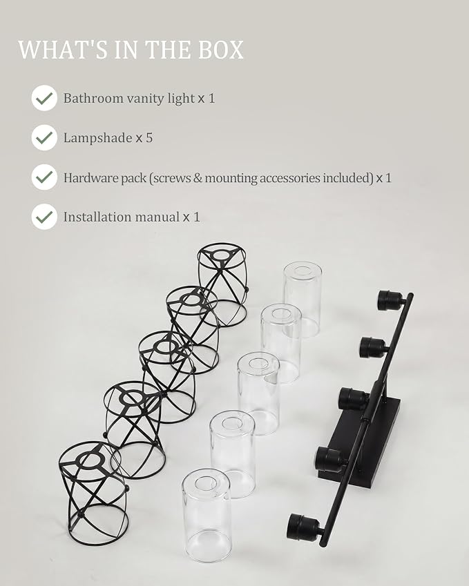 5-Light Matte Black Bathroom Light Fixtures Over Mirror, 38" UL-Listed Modern Wall Sconce Lights with Clear Glass and Metal Cage for Bath, Hardwire E26, CH9176BK-5W