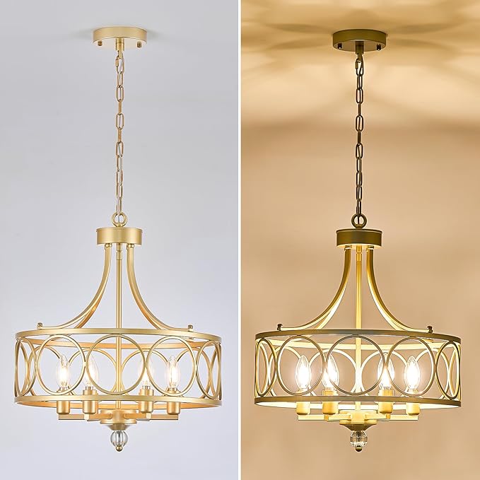 6-Light Gold Chandelier,17.5in Farmhouse Lantern Pendant Light Fixture,Adjustable Hanging Ceiling Lighting with E12 Socket,for Kitchen Island,Bedroom,Entryway,Dining Room