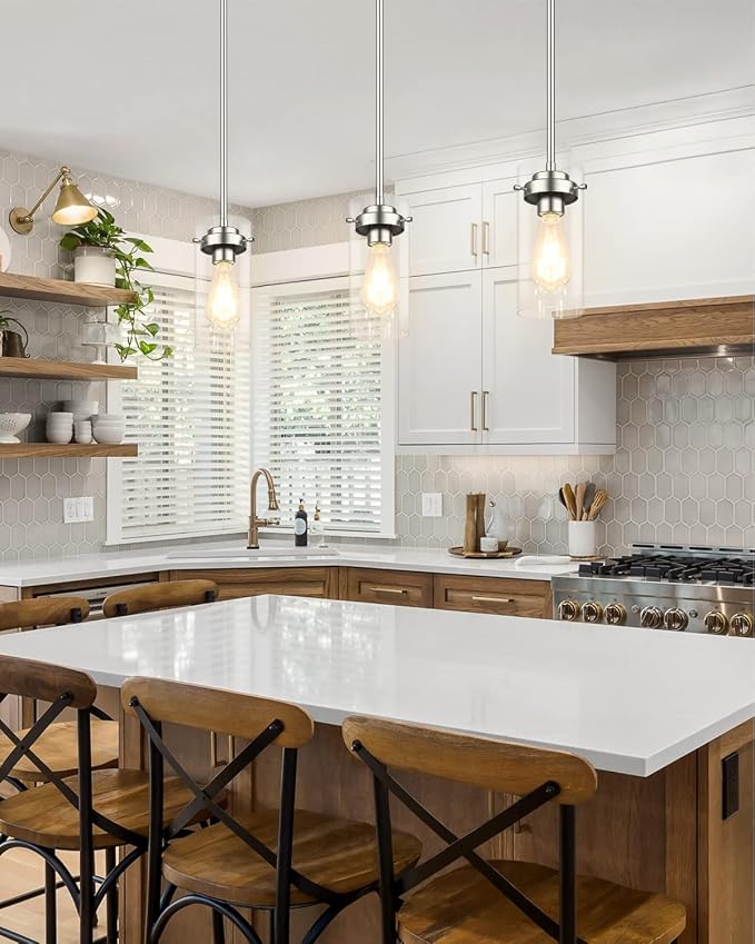 EAPUDUN Pendant Light Fixtures, Brushed Nickel Finish Kitchen Lights Ceiling, Clear Glass Pendant Lights Kitchen Island-PDA1353-A-BNK