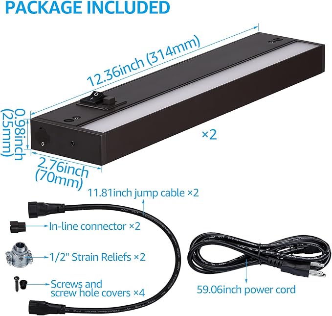 TORCHSTAR 12 Inch LED Under Cabinet Lighting 3CCT, ETL, 8W 540LM, Hardwired & Plug-in, 3 Color Selectable CRI90 120V Dimmable Under Counter Lights for Kitchen, Bronze Aluminum Housing, 4 Pack