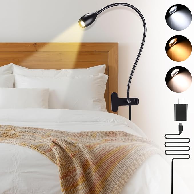 1 Pcs LED Clip on Reading Light for Bed Headboard, 3 Color Dimmable Stepless Book Light with Flexible Gooseneck Clamp Desk Lamp for Reading with USB for Bedroom, Dorms, Office, Studio (Black)