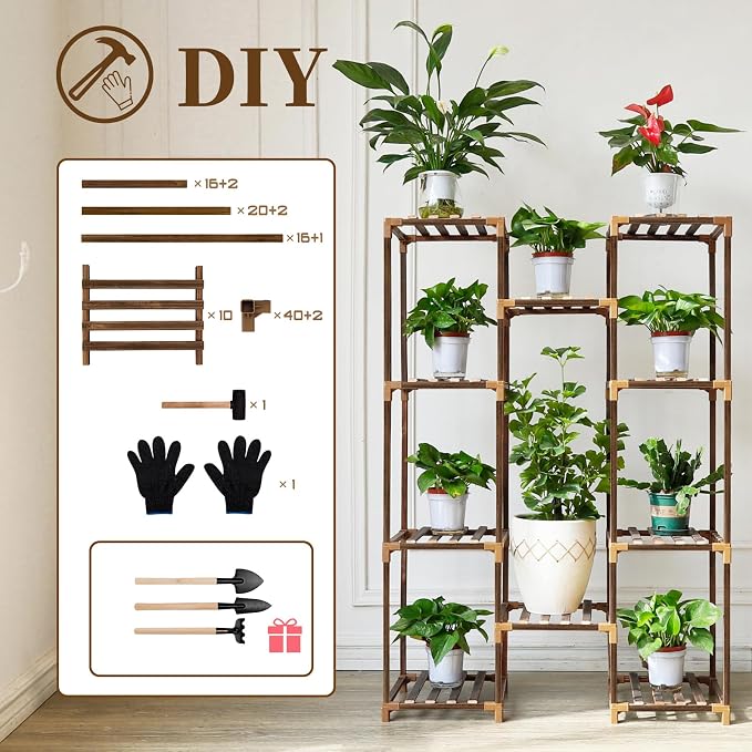 Plant Stand Indoor Outdoor, Tall Plant Shelf for Multiple Plants, 10 tiers 11 Pot Large Plants Holder Rack Wood Plant Shelves for Room Corner Balcony Garden Patio