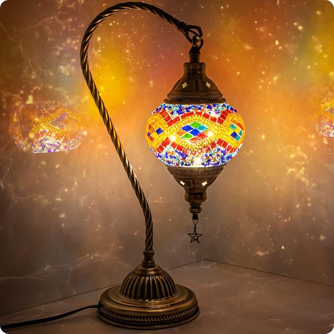 Yarra-Decor Turkish Moroccan Lamp with Bronze Base 3 Color Options Handmade Swan Neck Mosaic Glass Bedside Lamps for Bedroom (LED Bulb Included)(Orange2)