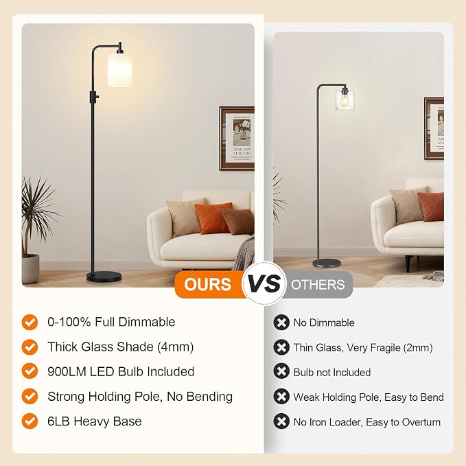 【Upgraded】 Dimmable Floor Lamp for Living Room with Opal Glass Lamphade, Black Modern Glass Floor Lamp with 900LM LED Bulb Included, Arc Standing Tall Lamp for Bedroom, Office, Reading Room, Corner