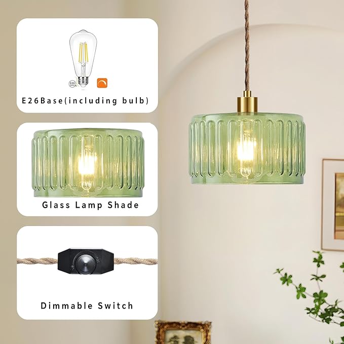 Plug in Pendant Light Hanging Lights with Plug in Cord Boho Hanging Lamp Glass Gold Mid Century Modern Vintage Dimmable Green Flower Plug in Chandelier Ceiling Fixture for Living Room,Kitchen