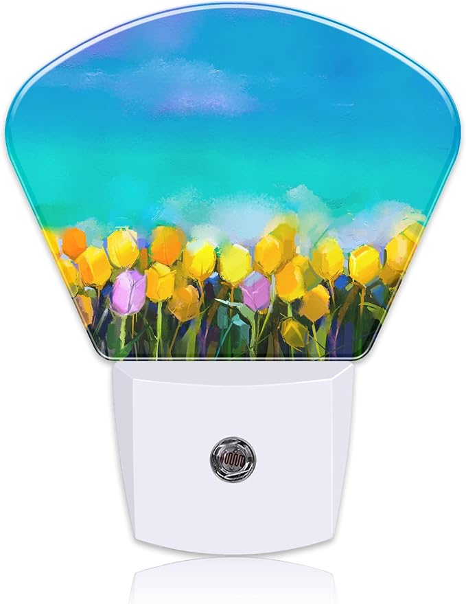 Tulips Flowers Oil Painting Night Light for Kids Girls Boys, Abstract Flower Painting LED Night Light Plug into Wall with Dusk to Dawn Sensor for Room, Hallway, Kitchen, Bathroom, Stairs Decor