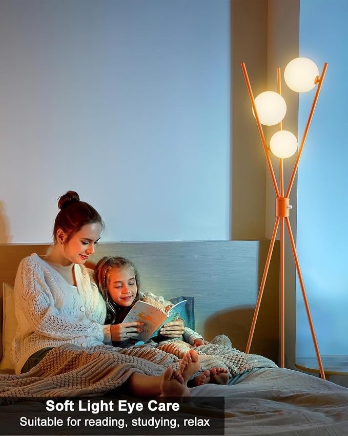 Lightdot Globe Standing Lamps Stepless Dimmable Tripod Floor Lamp with 3PCS 3000K Bulbs Included Stable Base Orange Mid Century Modern Floor Lamp for Living Room/Bedroom/Sofa Beside/Corner Decor