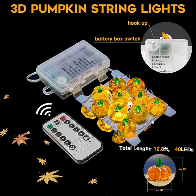 suddus 3D Pumpkin Lights,12.8ft 40 LED Fall Lights Battery Operated with Remote& 8 Modes & Timer, Waterproof Thanksgiving Decorations for Indoor Outdoor Home,Party,Harvest,Hallowee,Thanksgiving Décor