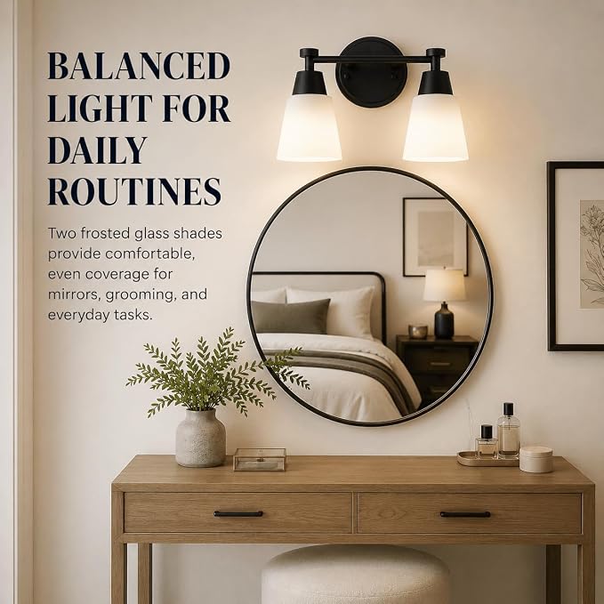 Bathroom Vanity Light, 2 Light Modern Matte Black Stainless Steel Over Mirror Vanity Light Fixture with Frosted Glass, Wall Sconces Lighting for Bedroom Living Room
