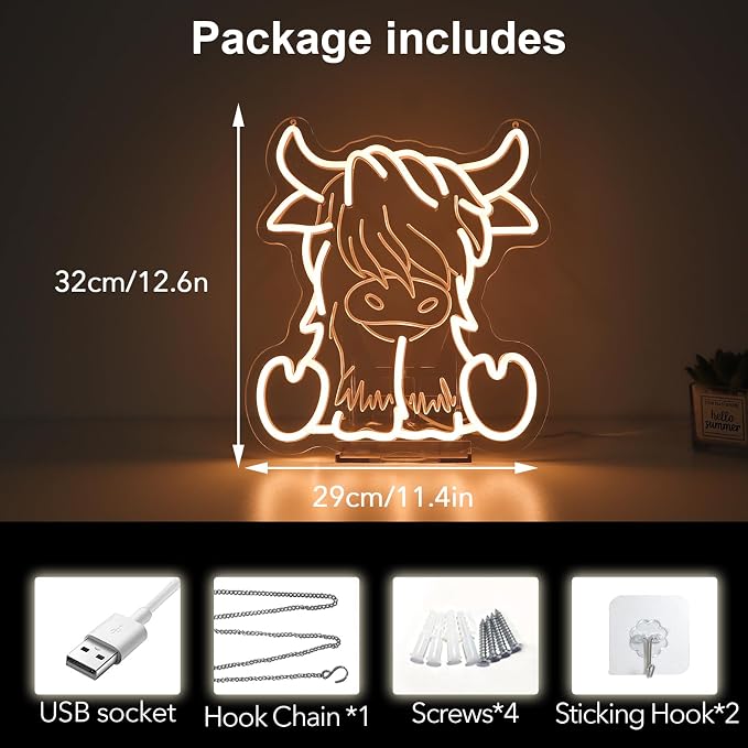 Highland Cow Neon Sign | Dimmable, 11.4 x 12.6 inch, USB Powered, Wall Art Decor, For Room Office Bar Garage,Warm White